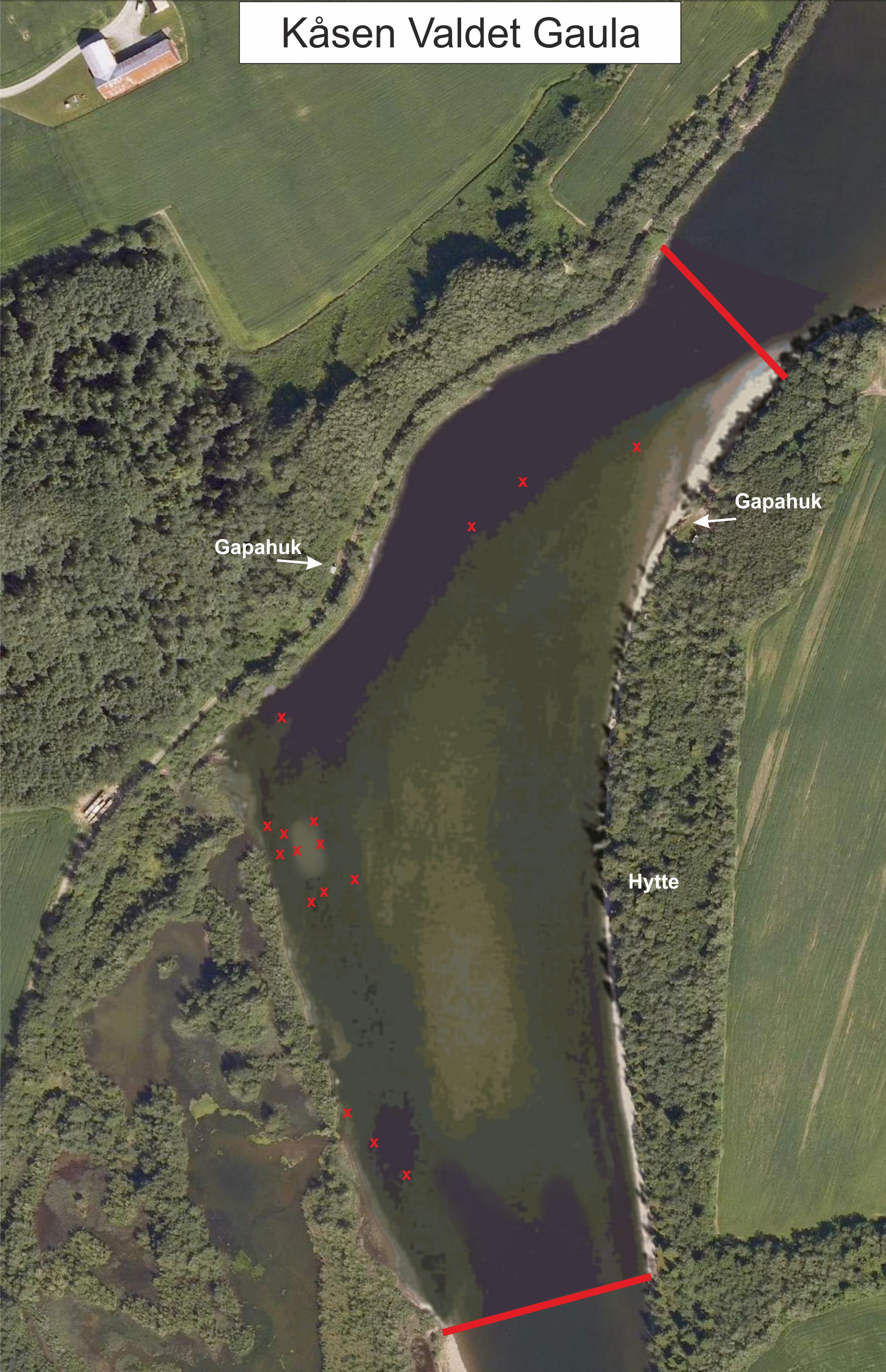 Oversigtskort over fangststeder på Kåsen valdet — Gaula 2012
