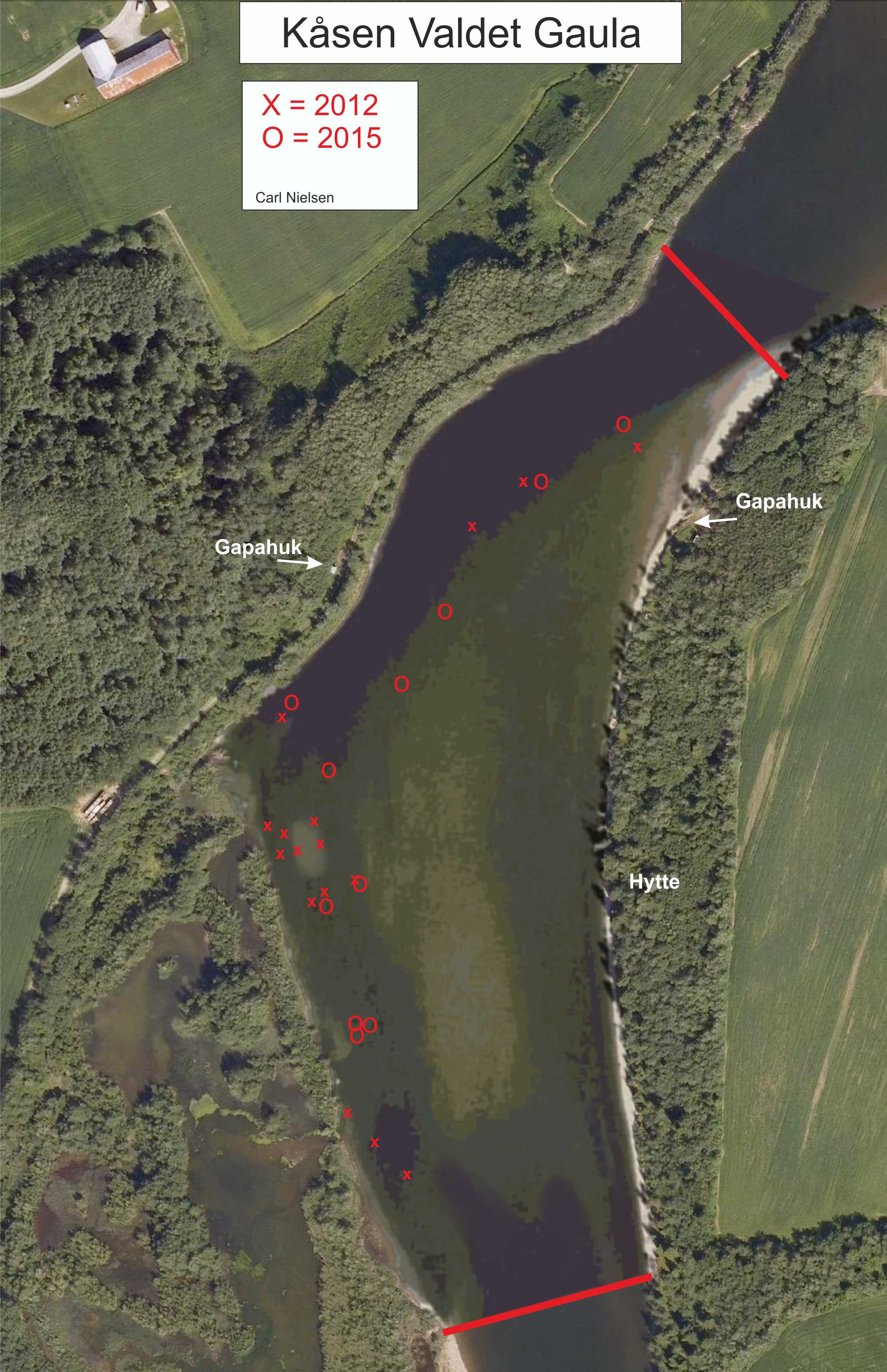 Oversigtskort fangststeder Kåsen valdet 2012 og 2015 — Gaula