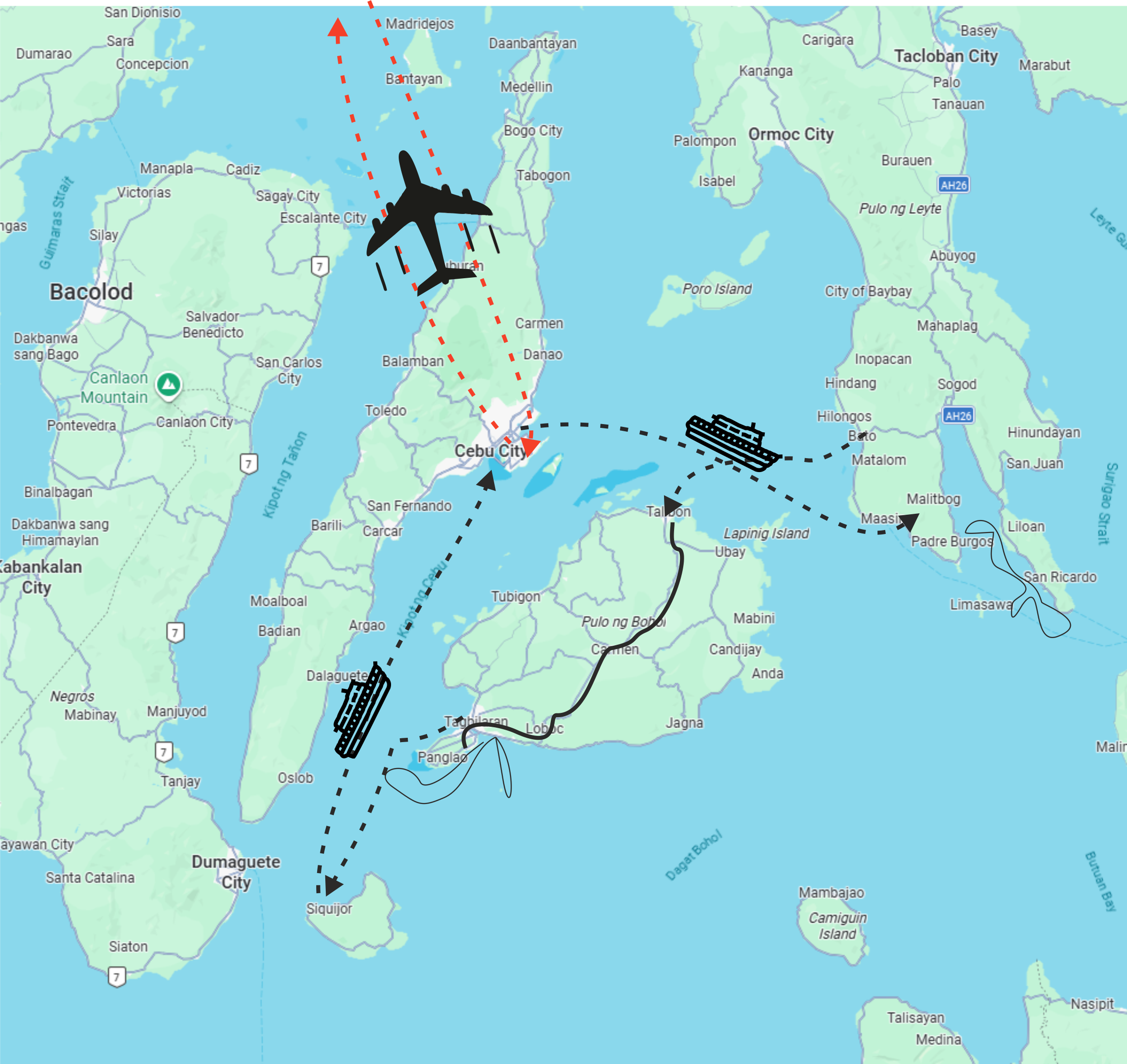 Kort over Filippinerne med de tre &oslash;er: Leyte, Bohol og Siquijor
