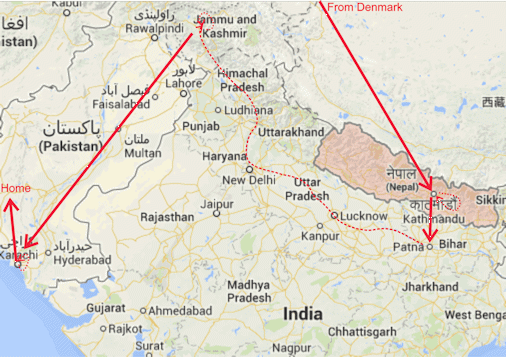 Rutekort fra Danmark til Nepal og Indien