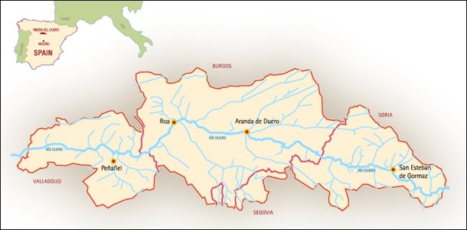 Kort over Ribera del Duero vinområdet