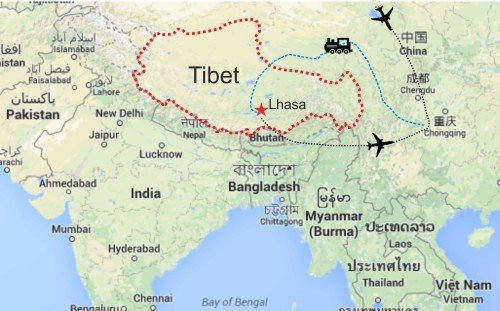 Rejsekort over Tibet og Lhasa