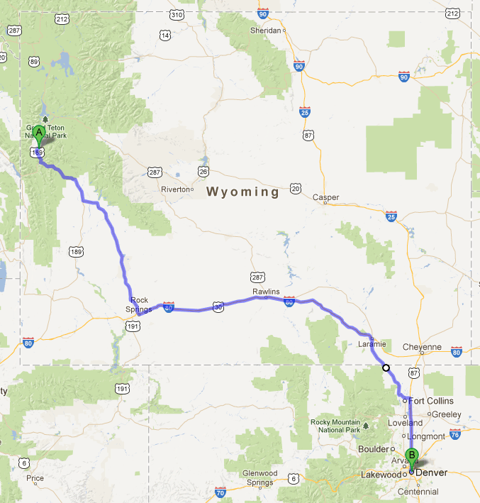 Kort over sidste køredag: Jackson → Denver