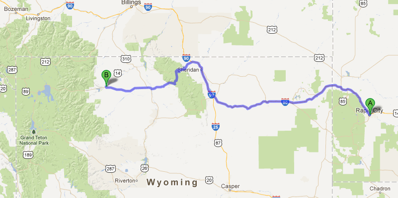 Kort over anden køredag: Rapid City → Cody