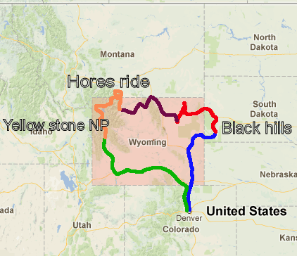 Rutekort — den blå linje er første køredag, den grønne er den sidste dag tilbage til Denver